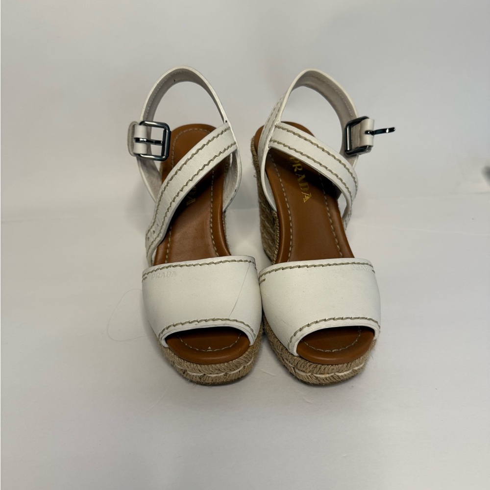 Prada White Leather Flaviana Open Toe Ankle Strap Wedge Sandals 36
